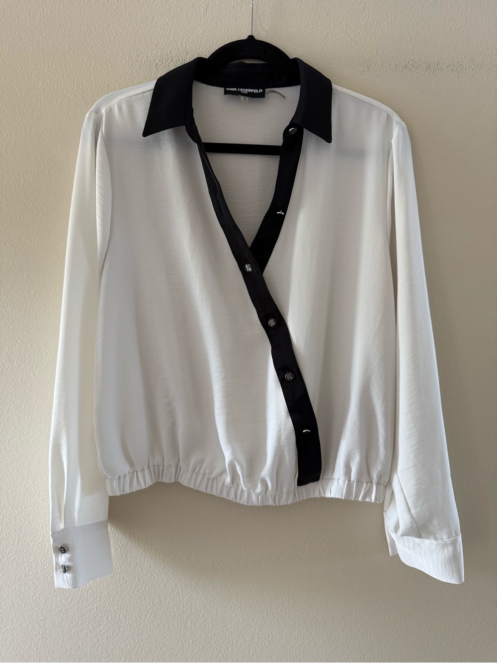 Karl Lagerfeld Faux Wrap White Button-Down Shirt with Black Collar and Placket